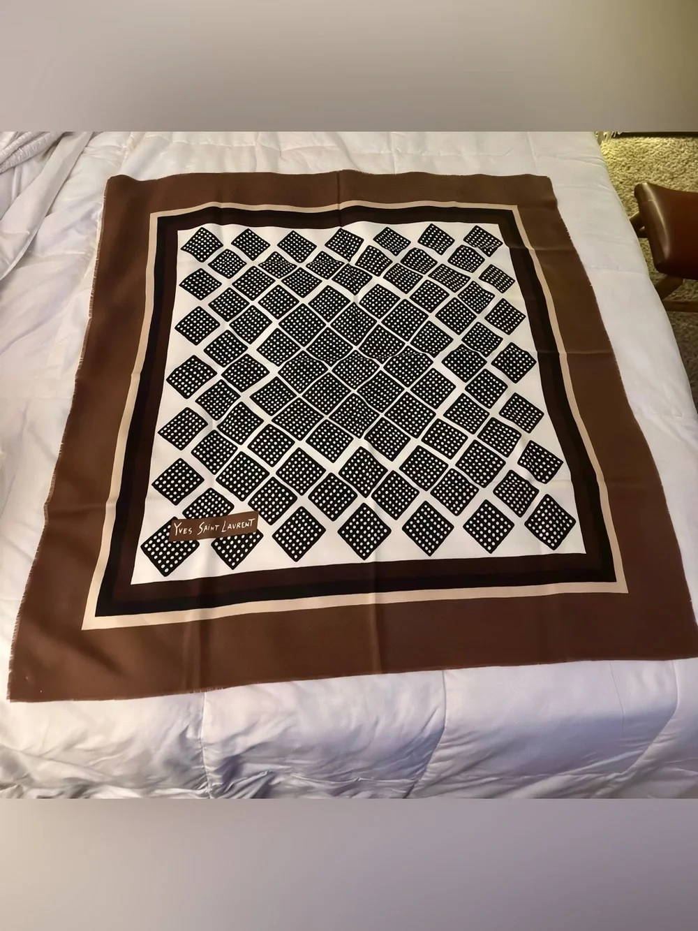 Vintage Yves Saint Laurent Signed Square Scarf Brown Geometric Designer Parisian